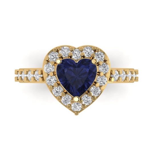 2.03 cttw Simulated Blue Sapphire Hidden Halo Engagement Ring - Solid Yellow Gold (VVS1, Heart Cut,7.0mm)