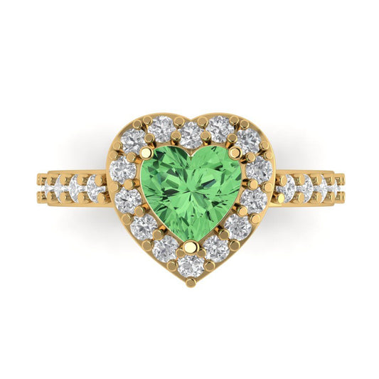 2.03 cttw Zirconia Simulated Green Diamond Hidden Halo Engagement Ring - Solid Yellow Gold (VVS1, Heart Cut,7.0mm)