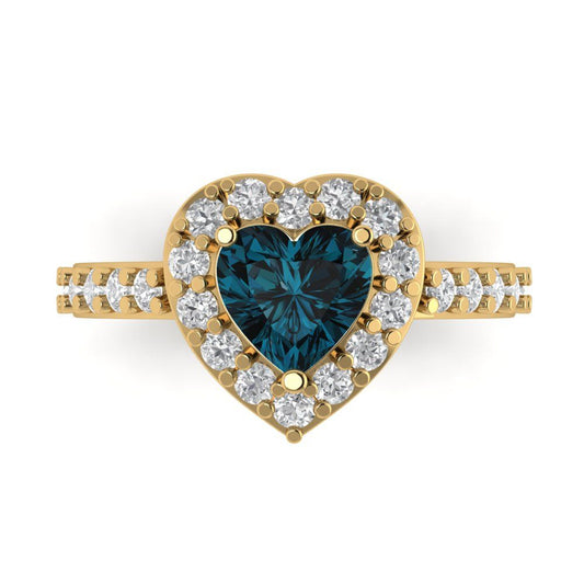 2.03 cttw Natural London Blue Topaz Hidden Halo Engagement Ring - Solid Yellow Gold (VVS1, Heart Cut,7.0mm)