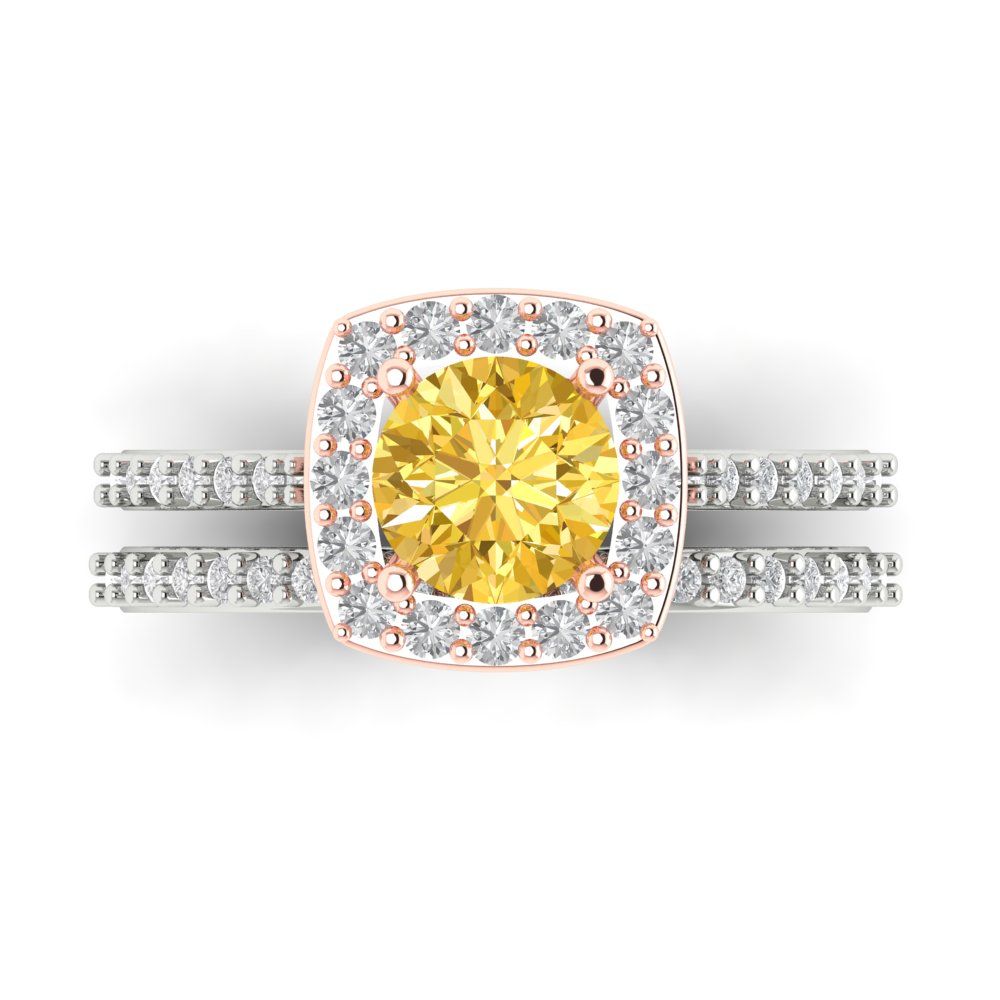 1.495 cttw Round Cut Simulated Yellow Diamond Bridal Set - Solid White/Rose Gold Engagement Ring & Wedding Band
