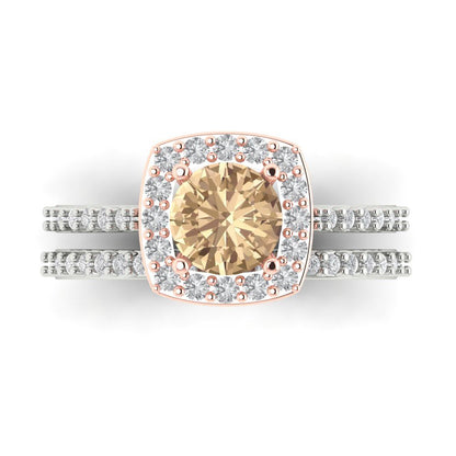 1.495 cttw Round Cut Yellow Moissanite Bridal Set - Solid White/Rose Gold Engagement Ring & Wedding Band