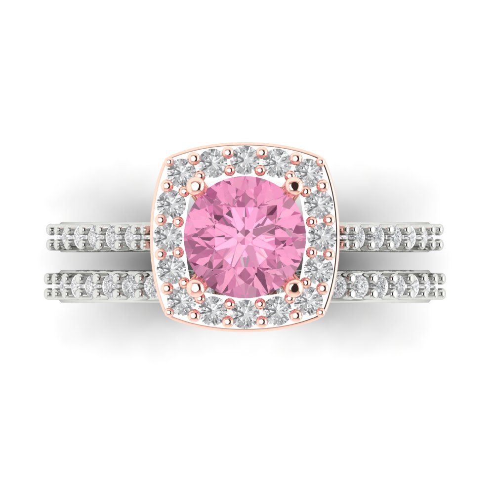 1.495 cttw Round Cut Simulated Pink Diamond Bridal Set - Solid White/Rose Gold Engagement Ring & Wedding Band