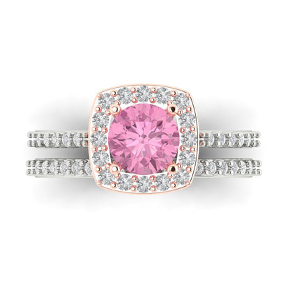 1.495 cttw Round Cut Simulated Pink Diamond Bridal Set - Solid White/Rose Gold Engagement Ring & Wedding Band
