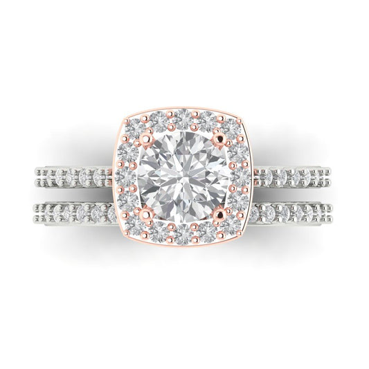 1.495 cttw Round Cut Zirconia Simulated Diamond Bridal Set - Solid White/Rose Gold Engagement Ring & Wedding Band