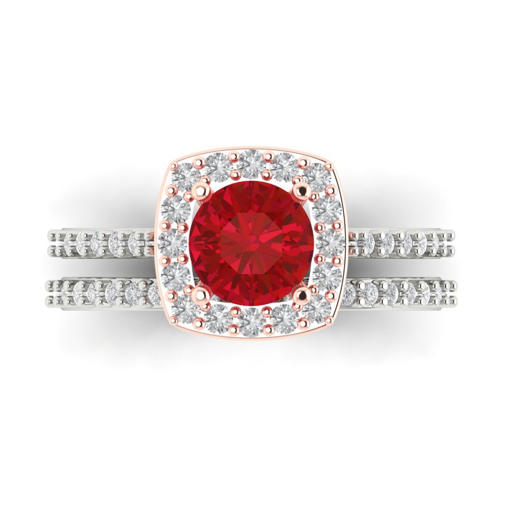 1.495 cttw Round Cut Simulated Pink Tourmaline Bridal Set - Solid White/Rose Gold Engagement Ring & Wedding Band