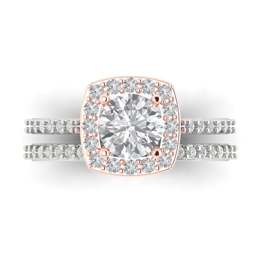 1.495 cttw Round Cut White Sapphire Bridal Set - Solid White/Rose Gold Engagement Ring & Wedding Band
