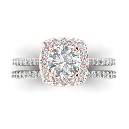 1.495 cttw Round Cut White Sapphire Bridal Set - Solid White/Rose Gold Engagement Ring & Wedding Band