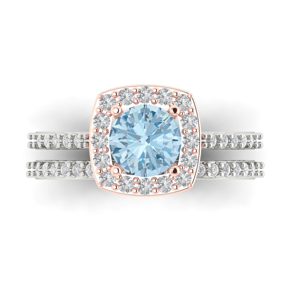 1.495 cttw Round Cut Natural Aquamarine Bridal Set - Solid White/Rose Gold Engagement Ring & Wedding Band