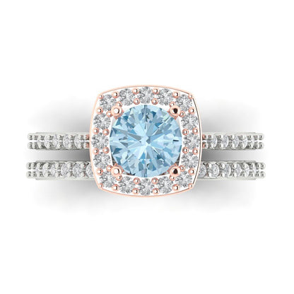 1.495 cttw Round Cut Natural Aquamarine Bridal Set - Solid White/Rose Gold Engagement Ring & Wedding Band