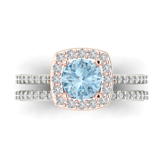 1.495 cttw Round Cut Natural Aquamarine Bridal Set - Solid White/Rose Gold Engagement Ring & Wedding Band