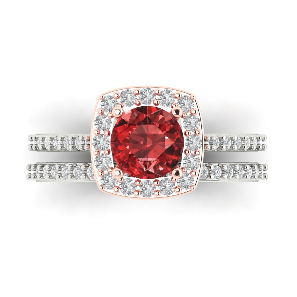 1.495 cttw Round Cut Natural Garnet Bridal Set - Solid White/Rose Gold Engagement Ring & Wedding Band