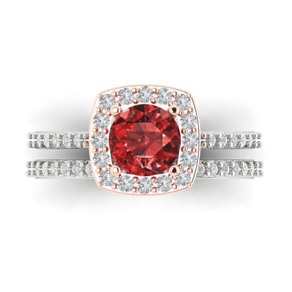 1.495 cttw Round Cut Natural Garnet Bridal Set - Solid White/Rose Gold Engagement Ring & Wedding Band