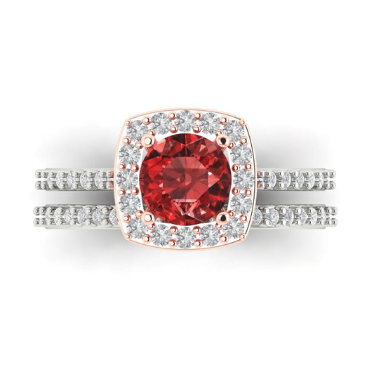 1.495 cttw Round Cut Natural Garnet Bridal Set - Solid White/Rose Gold Engagement Ring & Wedding Band