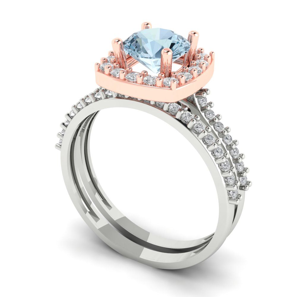 1.495 cttw Round Cut Natural Aquamarine Bridal Set - Solid White/Rose Gold Engagement Ring & Wedding Band