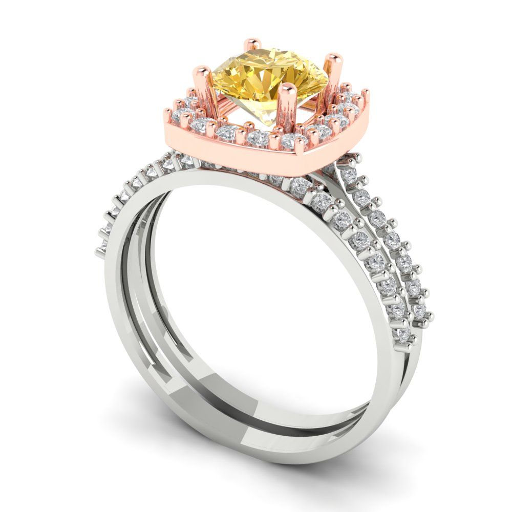 1.495 cttw Round Cut Simulated Yellow Diamond Bridal Set - Solid White/Rose Gold Engagement Ring & Wedding Band
