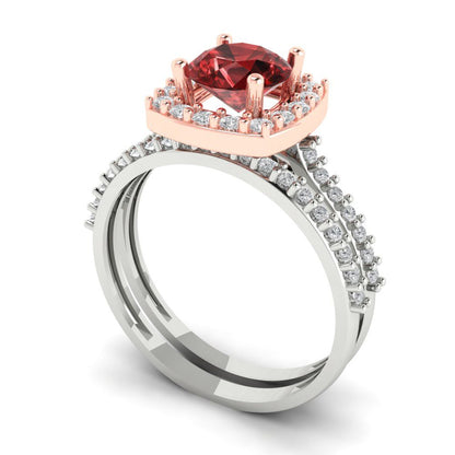 1.495 cttw Round Cut Natural Garnet Bridal Set - Solid White/Rose Gold Engagement Ring & Wedding Band