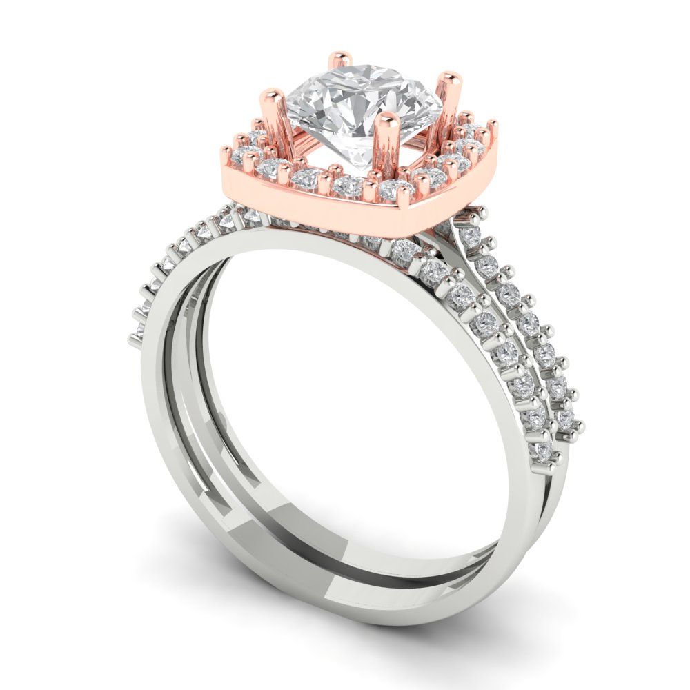 1.495 cttw Round Cut White Sapphire Bridal Set - Solid White/Rose Gold Engagement Ring & Wedding Band