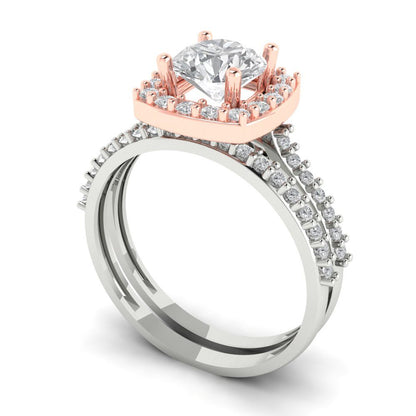 1.495 cttw Round Cut White Sapphire Bridal Set - Solid White/Rose Gold Engagement Ring & Wedding Band