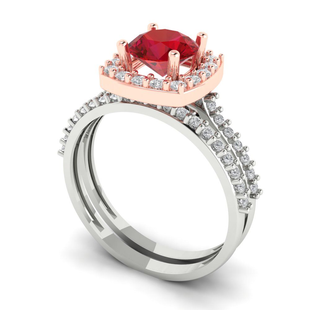 1.495 cttw Round Cut Simulated Pink Tourmaline Bridal Set - Solid White/Rose Gold Engagement Ring & Wedding Band