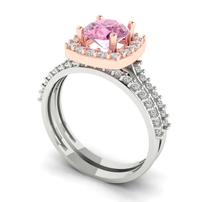 1.495 cttw Round Cut Simulated Pink Diamond Bridal Set - Solid White/Rose Gold Engagement Ring & Wedding Band