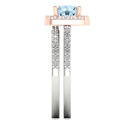 1.495 cttw Round Cut Natural Aquamarine Bridal Set - Solid White/Rose Gold Engagement Ring & Wedding Band