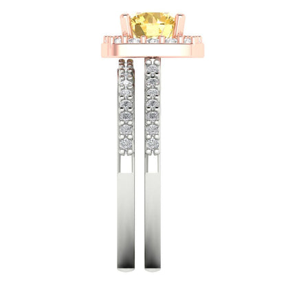 1.495 cttw Round Cut Simulated Yellow Diamond Bridal Set - Solid White/Rose Gold Engagement Ring & Wedding Band