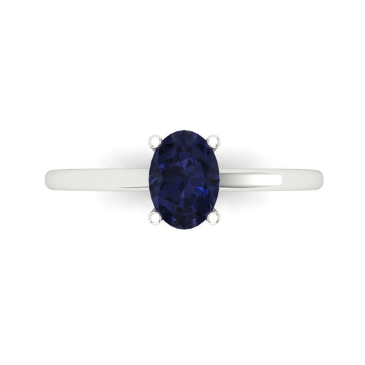 1 cttw Simulated Blue Sapphire Solitaire  Engagement Ring - Solid White Gold (VVS1, Oval Cut,7x5mm)