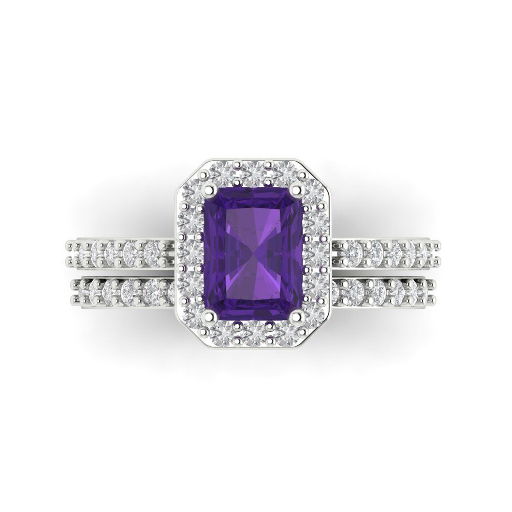 2.16 cttw Emerald Cut Natural Amethyst Bridal Set - Solid White Gold Engagement Ring & Wedding Band