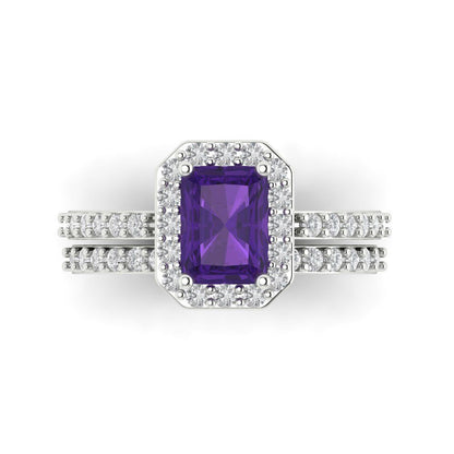 2.16 cttw Emerald Cut Natural Amethyst Bridal Set - Solid White Gold Engagement Ring & Wedding Band