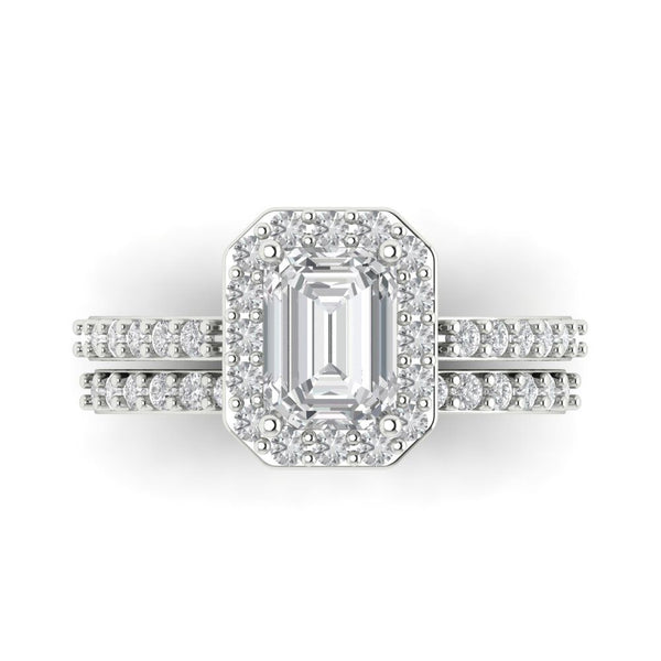 2.22 ct Brilliant Emerald Cut Genuine Cultured Diamond Stone Clarity VS1-2 Color J-K White Gold Halo Solitaire with Accents Bridal Set