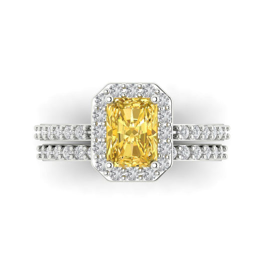 2.16 cttw Emerald Cut Natural Citrine Bridal Set - Solid White Gold Engagement Ring & Wedding Band