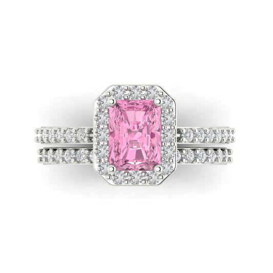 2.16 cttw Emerald Cut Simulated Pink Diamond Bridal Set - Solid White Gold Engagement Ring & Wedding Band