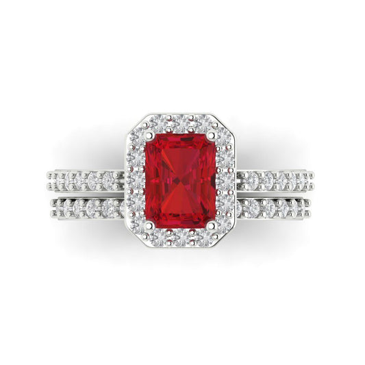 2.16 cttw Emerald Cut Simulated Ruby Bridal Set - Solid White Gold Engagement Ring & Wedding Band