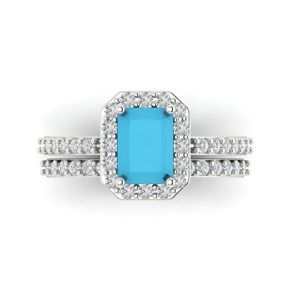 2.16 cttw Emerald Cut Simulated Turquoise Bridal Set - Solid White Gold Engagement Ring & Wedding Band