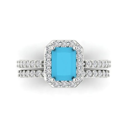 2.16 cttw Emerald Cut Simulated Turquoise Bridal Set - Solid White Gold Engagement Ring & Wedding Band