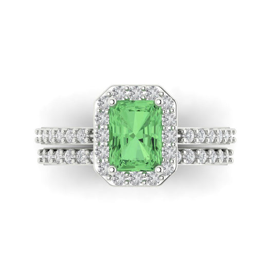 2.16 cttw Emerald Cut Simulated Green Diamond Bridal Set - Solid White Gold Engagement Ring & Wedding Band