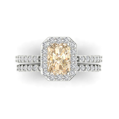 2.16 cttw Emerald Cut Natural Morganite Bridal Set - Solid White Gold Engagement Ring & Wedding Band