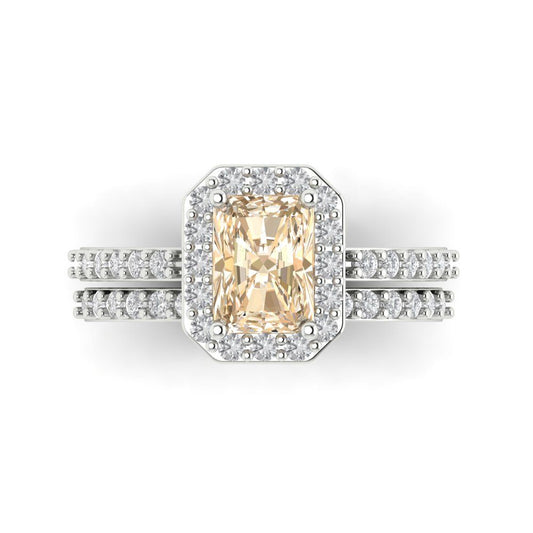 2.16 cttw Emerald Cut Natural Morganite Bridal Set - Solid White Gold Engagement Ring & Wedding Band
