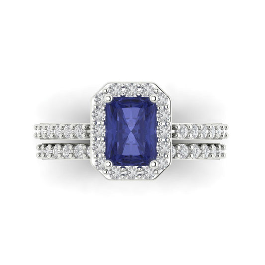 2.16 cttw Emerald Cut Simulated Tanzanite Bridal Set - Solid White Gold Engagement Ring & Wedding Band