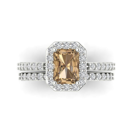 2.16 cttw Emerald Cut Simulated Champagne Diamond Bridal Set - Solid White Gold Engagement Ring & Wedding Band