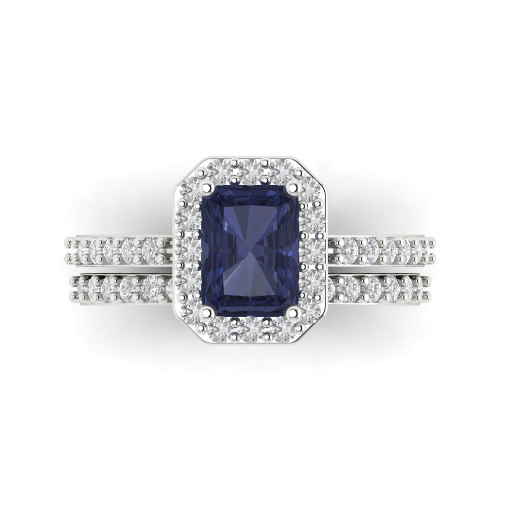 2.16 cttw Emerald Cut Simulated Blue Sapphire Bridal Set - Solid White Gold Engagement Ring & Wedding Band