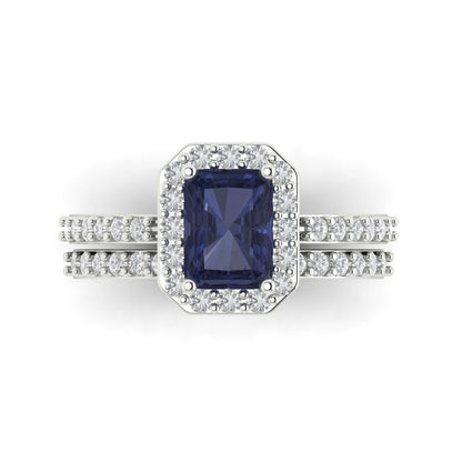 2.16 cttw Emerald Cut Simulated Blue Sapphire Bridal Set - Solid White Gold Engagement Ring & Wedding Band