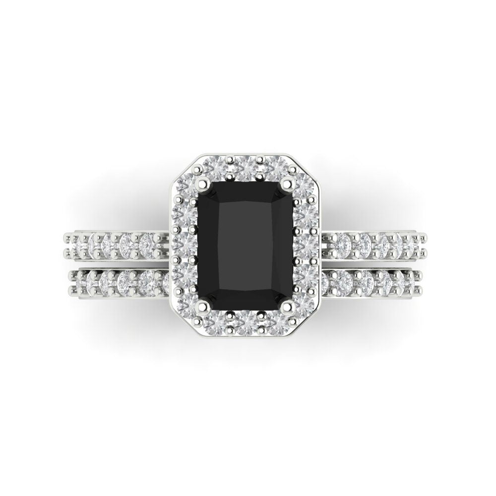 2.16 cttw Emerald Cut Natural Onyx Bridal Set - Solid White Gold Engagement Ring & Wedding Band