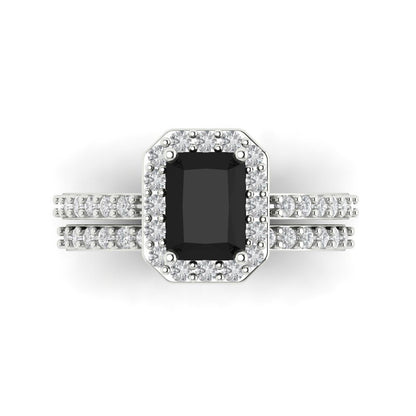 2.16 cttw Emerald Cut Natural Onyx Bridal Set - Solid White Gold Engagement Ring & Wedding Band