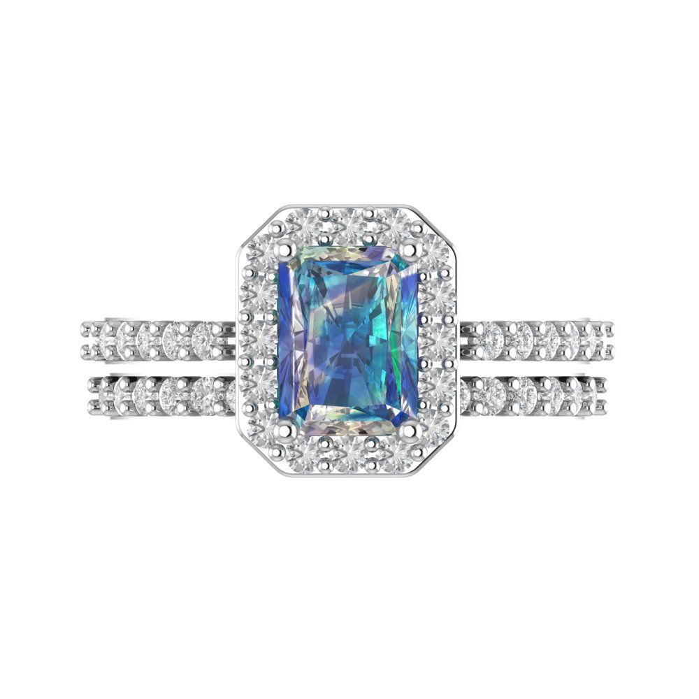 2.16 cttw Emerald Cut Blue Moissanite Bridal Set - Solid White Gold Engagement Ring & Wedding Band