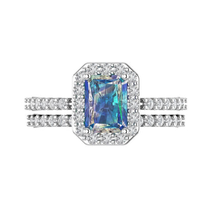 2.16 cttw Emerald Cut Blue Moissanite Bridal Set - Solid White Gold Engagement Ring & Wedding Band