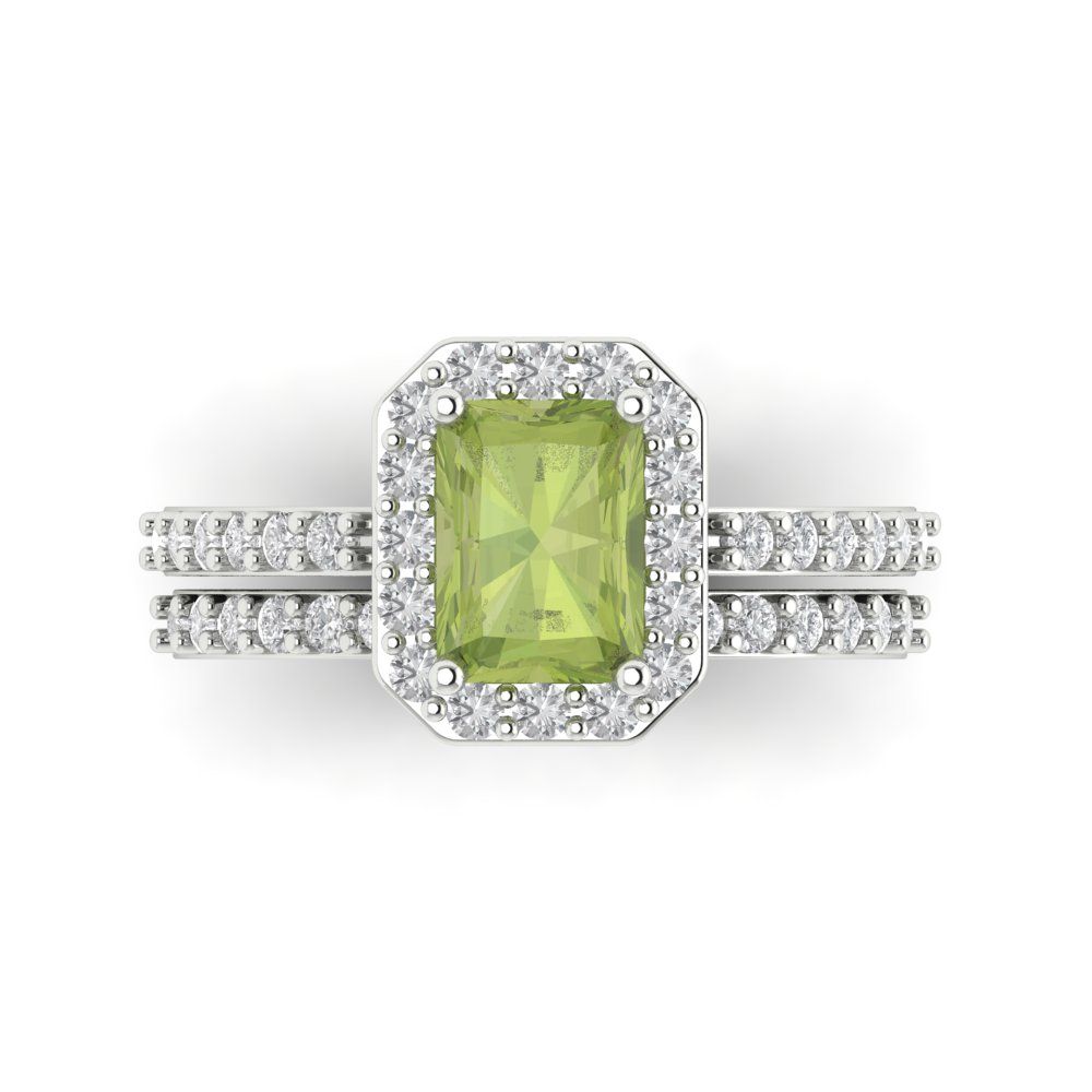 2.16 cttw Emerald Cut Natural Peridot Bridal Set - Solid White Gold Engagement Ring & Wedding Band