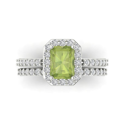 2.16 cttw Emerald Cut Natural Peridot Bridal Set - Solid White Gold Engagement Ring & Wedding Band