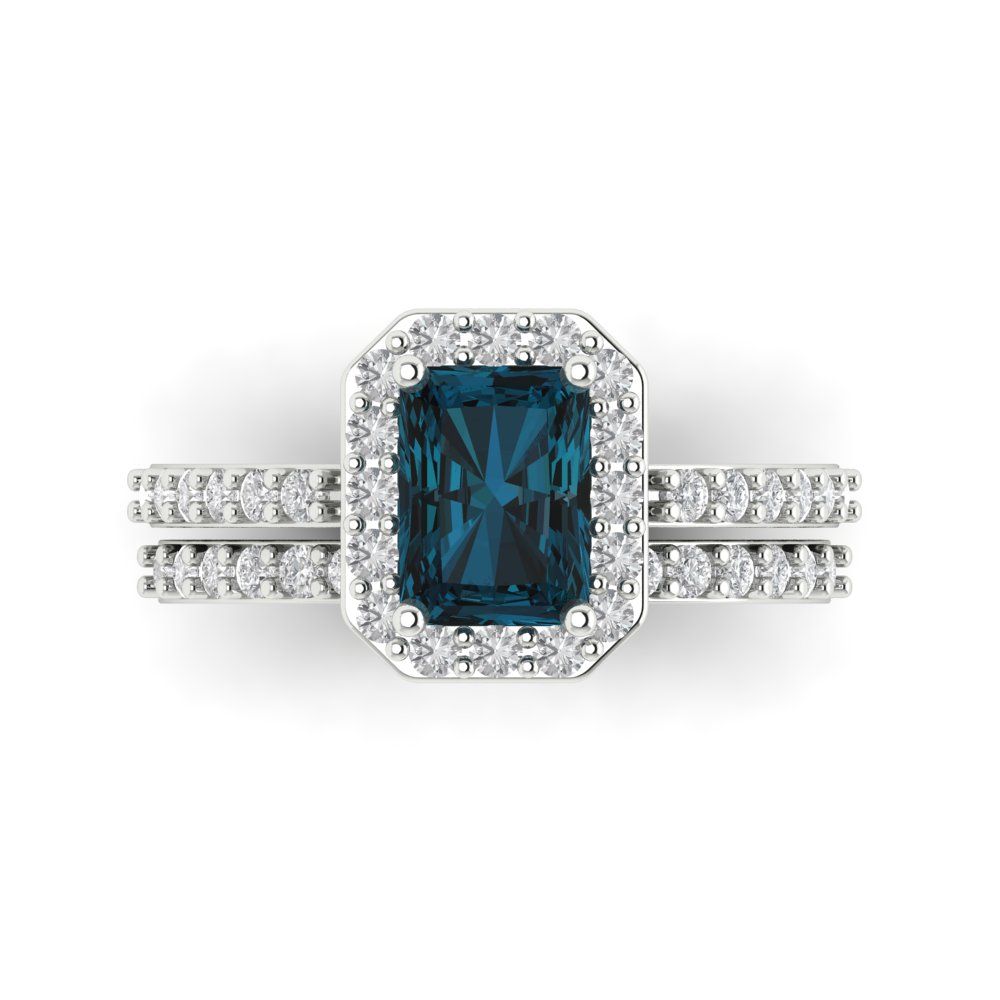2.16 cttw Emerald Cut Natural London Blue Topaz Bridal Set - Solid White Gold Engagement Ring & Wedding Band