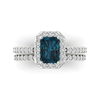 2.16 cttw Emerald Cut Natural London Blue Topaz Bridal Set - Solid White Gold Engagement Ring & Wedding Band